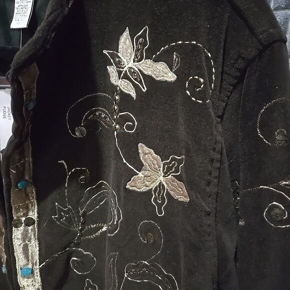 Brown Embroidered Floral Velvet Jacket SzXL Chicos 3 Gold Asian Beaded Boho Glam - Picture 10 of 16